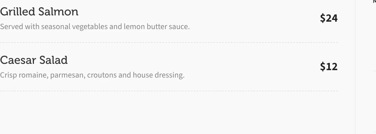 Two menu pricing item rows, each with a dish name, description and price