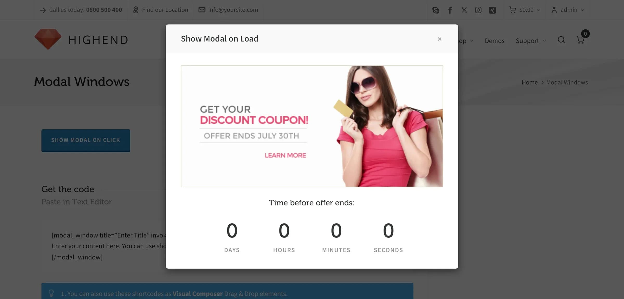 A modal window open over the page, showing a promotional image and a countdown timer