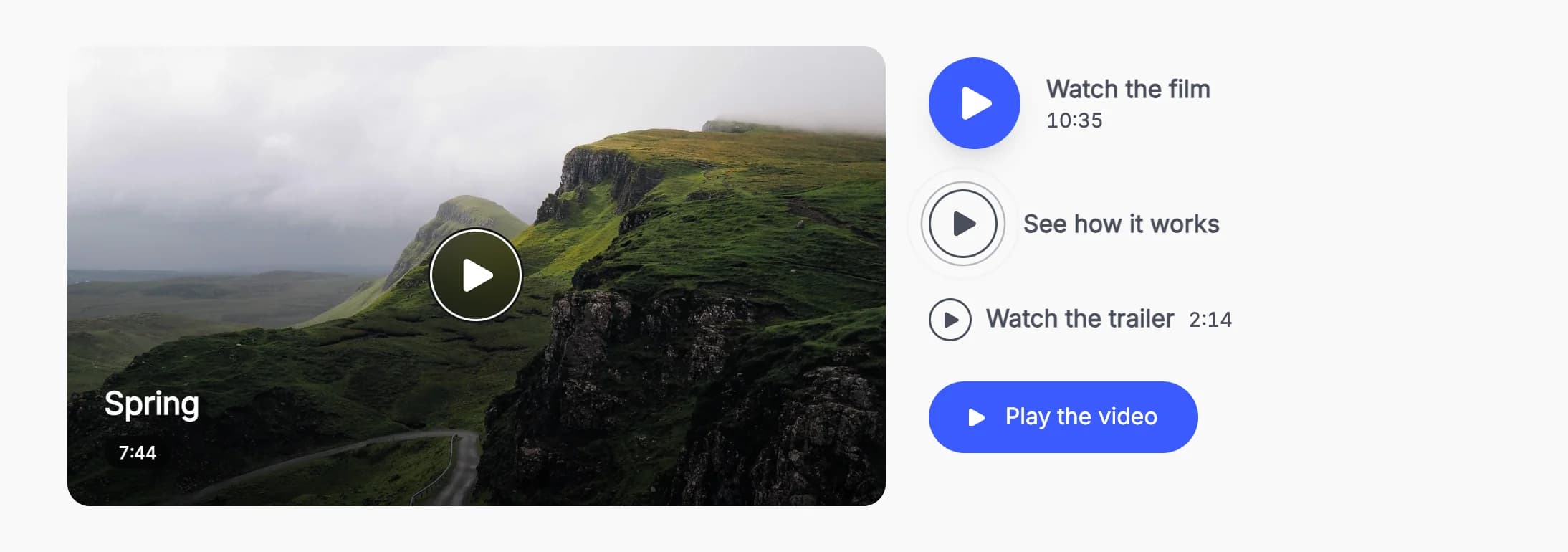 An image card with a play button, a title and a duration chip, next to a solid play button with text, a ring play button, a text link with a play icon and an Animated Button with a play icon