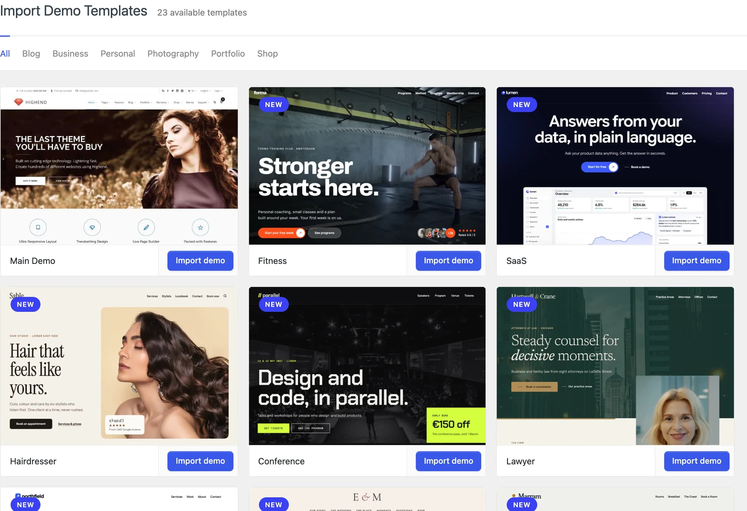 The Import Demos screen showing the prebuilt websites, filterable by category