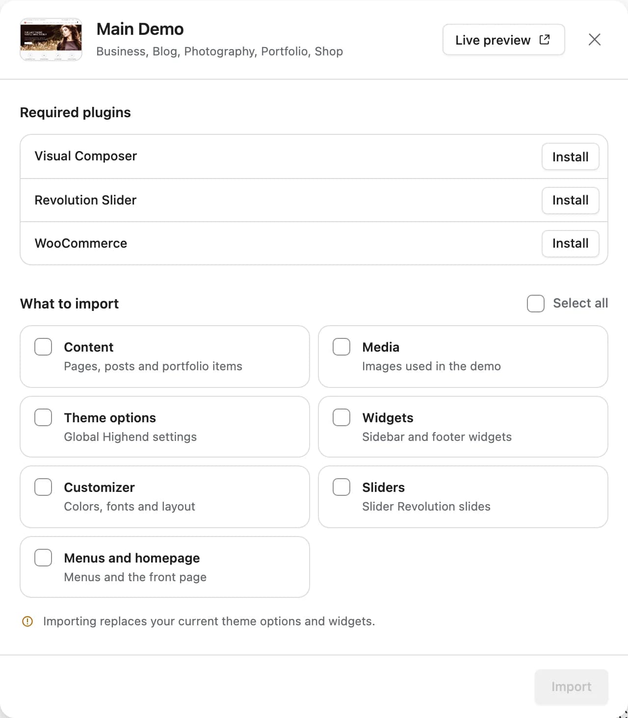 The import dialog for a demo, listing its required plugins and what-to-import checklist