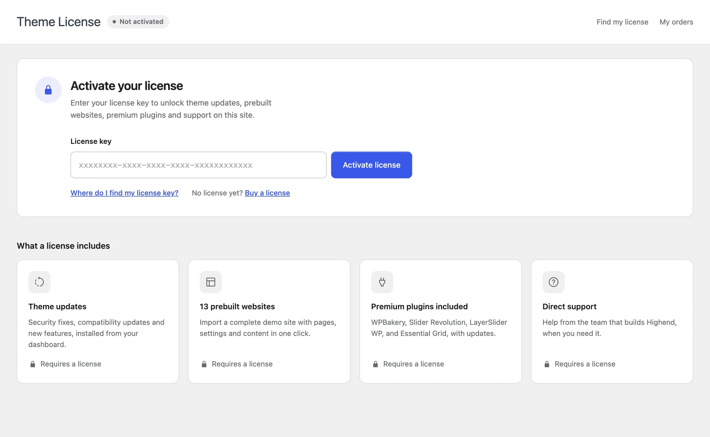 The Theme License screen with the license key field and a summary of what a license includes