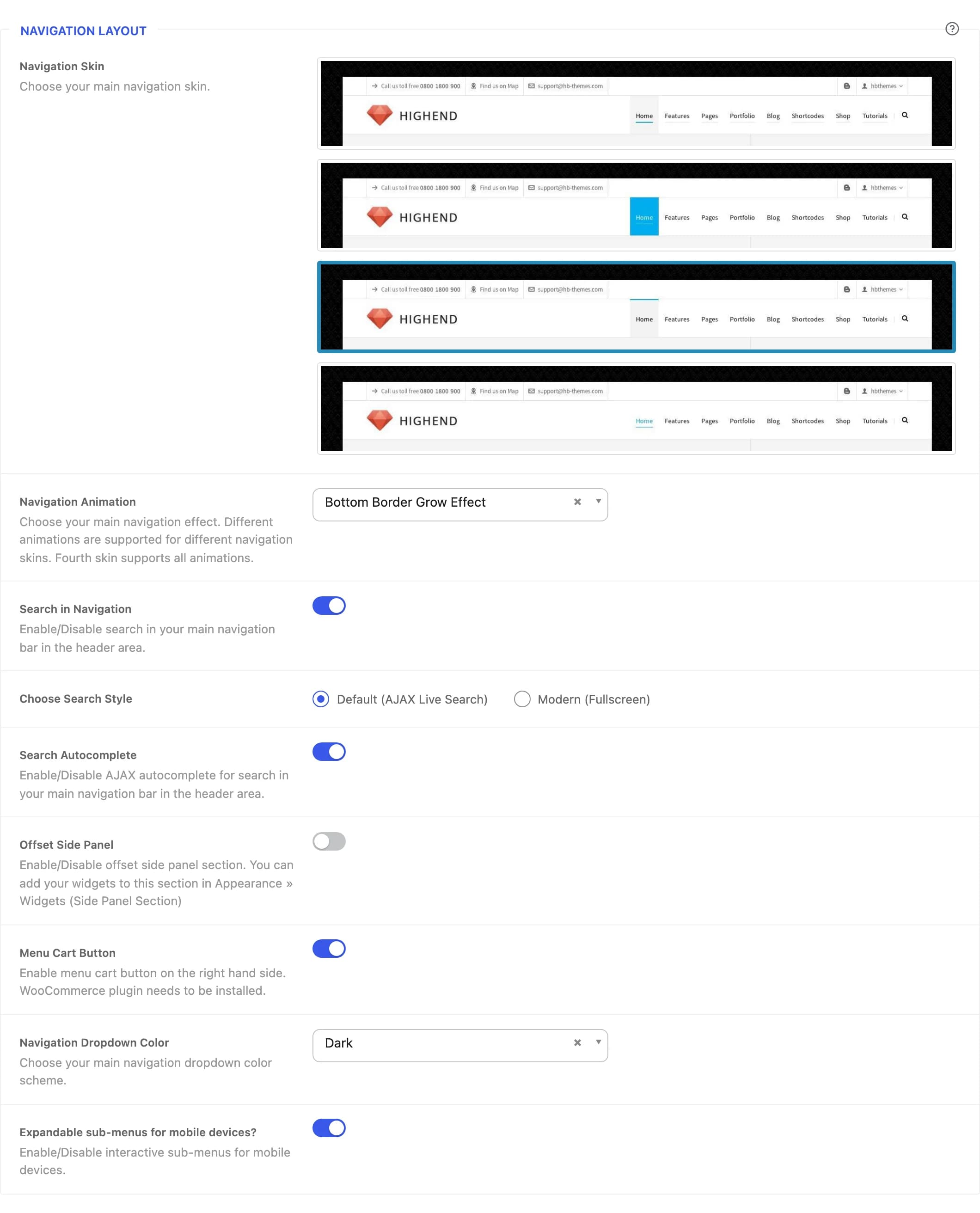 The Navigation Layout section, showing the four navigation skin thumbnails
