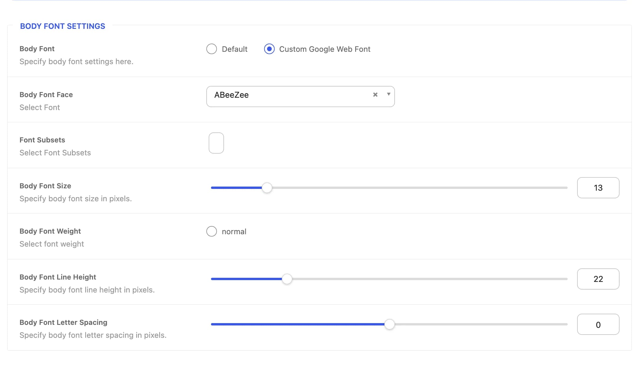 The Body Font Settings group expanded after choosing Custom Google Web Font